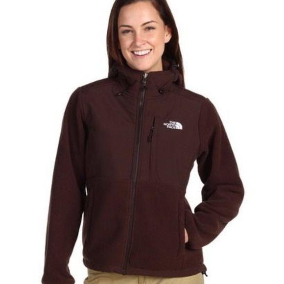 brown fuzzy north face jacket